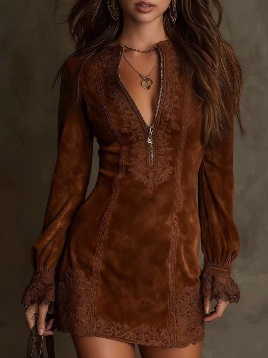 Women's Clothing Women's Long Sleeved Slim Fit Midi Dress Zipper Lace Trim For Formal & Casual For Women_ecoleips.com