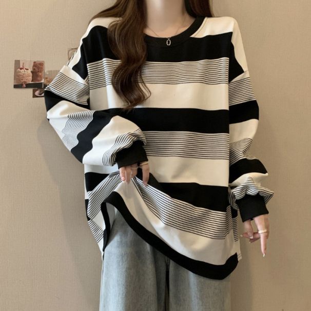 Autumn Women's Loose-Fitting Slimming T-Shirts, Oversized Striped Long-Sleeved Thin Retro Sweatshirts For Wholesale_ecoleips.com