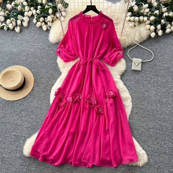 Elegant High-Waisted A-Line Dress for Women Summer Long Sleeve Three-Dimensional Floral Pattern Luxury Feel_ecoleips.com