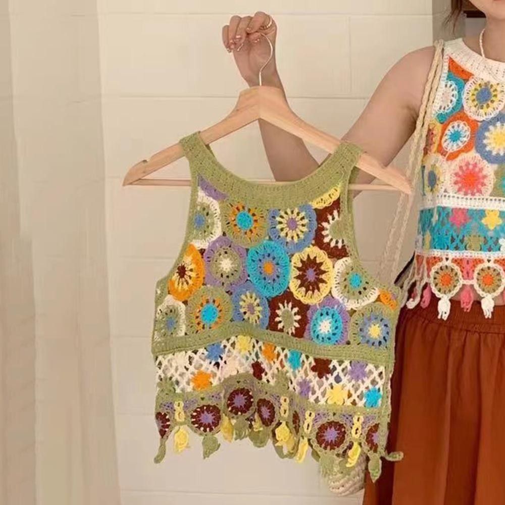 Cute Bohemian Knitted Vest O-neck Sleeveless Women's Crop Top Crocheted Tassels Short Sleeveless Cami_ecoleips.com