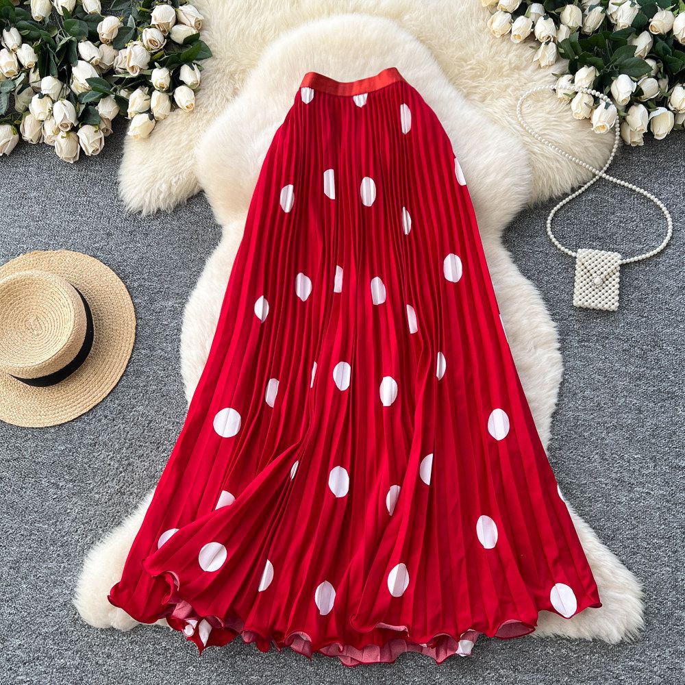 Women's Clothing Retro Polka Dot Pleated Midi Skirt For Women, High Waisted A Line, Slimming, Draped Long Skirt For Commuting._ecoleips.com