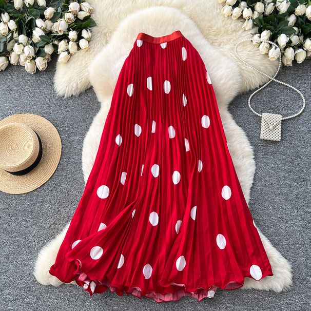 Women's Clothing Retro Polka Dot Pleated Midi Skirt For Women, High Waisted A Line, Slimming, Draped Long Skirt For Commuting._ecoleips.com