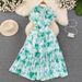 Haven Gentle Long French Retro Style Short Sleeve Turn-Down Collar Waist-Cinching Slimming A-Line Floral Dress Summer_ecoleips.com