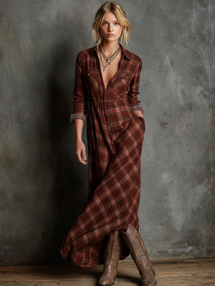 Elegant Long Sleeve Plaid Shirt Dress For Women – Stretchy A-Line Tunic With Button Front (3 Classic Checks, XS-XXXL)_ecoleips.com