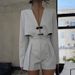 Voya Voya 2026 Spring Women's New Chinese Style Unique Design Long Sleeve Deep V Top Jacket High Waist Shorts Striped Suit_ecoleips.com
