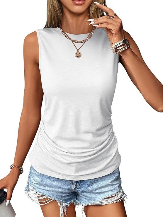2026 European And American Cross-border Summer New Casual Solid Color Pullover Sleeveless Pleated Round-neck Tank Top_ecoleips.com