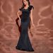 Elegant Off-Shoulder Black Evening Dress With Ruffled Short Sleeves Slim Fit Long Formal Gown For Parties(Polyester Blend, Classic BlackJewel Tones)_ecoleips.com