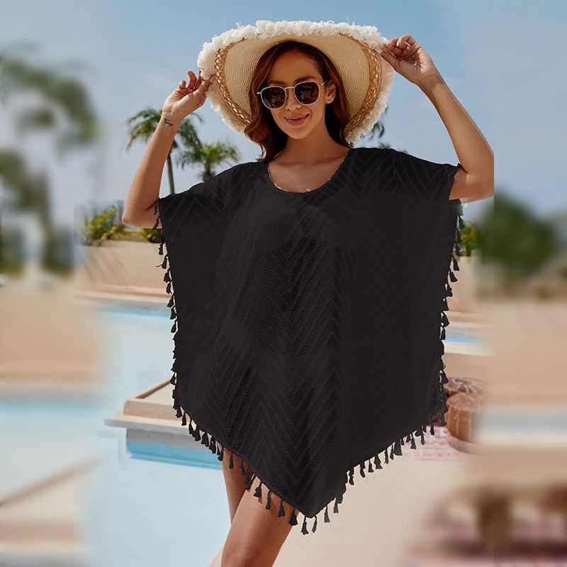 Women's Clothing Solid Color Turtleneck Perspective Tassel Half Sleeve Bikini Swimsuit Blouse_ecoleips.com