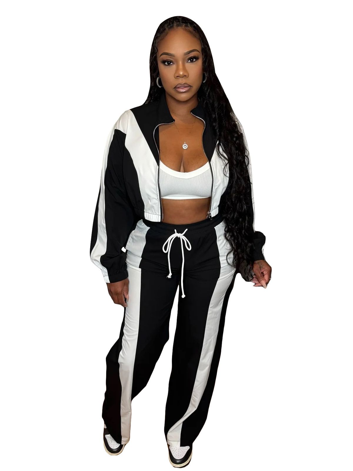 Women's Clothing Women's Style Color Blocked Zip Up Cardigan And Wide Leg Drawstring Sports Pants Two Piece Set_ecoleips.com
