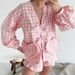 Pink Plaid Het Lace Long Sleeve Shorts Comfortable Pajamas Two-Piece Set European And American Autumn New Home_ecoleips.com