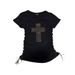 Women's Slim Fit T-Shirt Personalized Cross Rhinestone American Street Style Drawstring Top_ecoleips.com