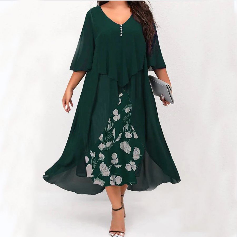 plus Size Women's Chiffon Patchwork Faux Two-Piece Dress Irregular Mid-Sleeve New Cross Border Independent Website 2023 Q228_ecoleips.com