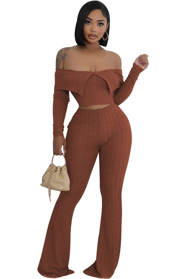 Elegant Women’s Palazzo Pants Set – Long Sleeve Blouse & Wide-Leg Trousers, Polyester-Spandex Blend (S-XXL, Red/Brown/Yellow, Evening Wear)_ecoleips.com