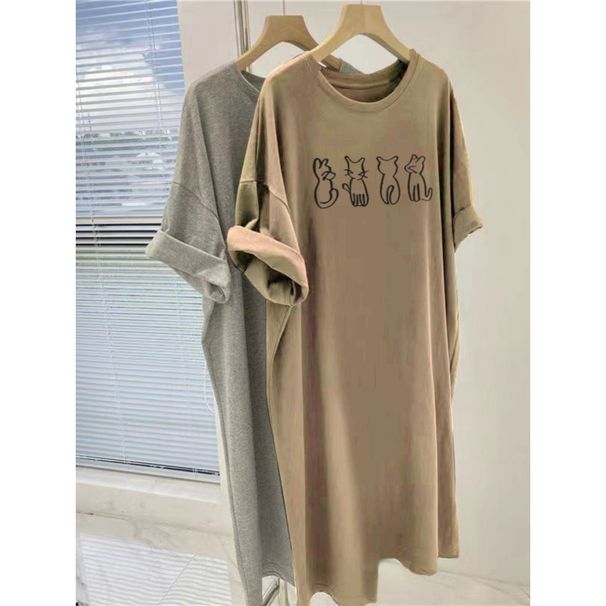 Summer Loose European And American Cartoon Cat Print Casual Comfortable Short-sleeved Round Neck Women Maternity Dress_ecoleips.com