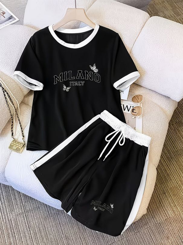 Women's Elegant Butterfly Print Suit Milan Letter Short Sleeve Top Straight Leg Shorts Set_ecoleips.com