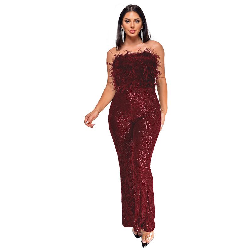 Women's Sequin Feather Jumpsuit – Sleeveless Backless Flared Leg Romper (Black/Burgundy/Champagne, S-XXXL)_ecoleips.com