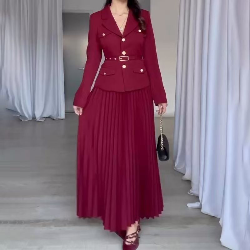 Elegant Long Pleated Skirt Set For Women - Spring Casual Outfit, Comfortable Polyester Fabric, S-XXL_ecoleips.com