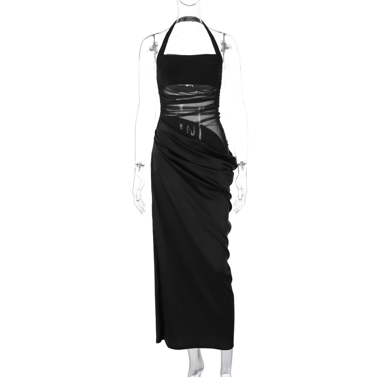 Women's Clothing Sexy Style Mesh Splicing Dress Slim Backless Solid Color Waist Baring Halter Neck Temperament Long Dress_ecoleips.com