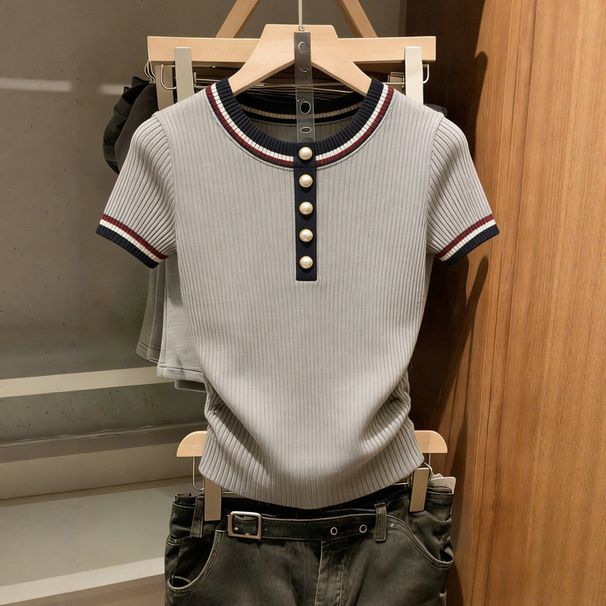 Contrast Stripe Knit Top - Slim-Fit Grey Ribbed Short Sleeve Shirt For Women, Minimalist Japanese Style Casual Wear_ecoleips.com