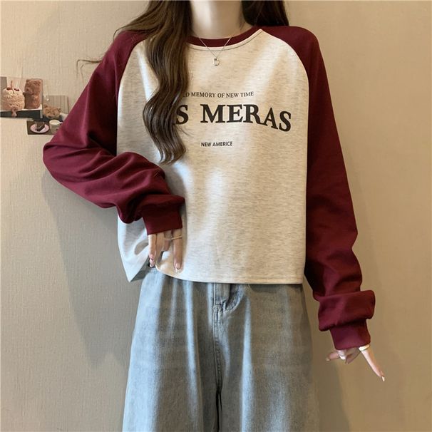 Foreign Trade American-style Short Round-neck Printed Sweatshirt Women, Loose Pullover, Slimming, Casual Long-sleeve_ecoleips.com