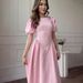 Sweet & Elegant Short-Sleeve Maxi Dress – Retro-Inspired Flowy Summer Dress In Pink, Black & Light Blue, Cotton-Polyester Blend, Bubble Sleeves_ecoleips.com