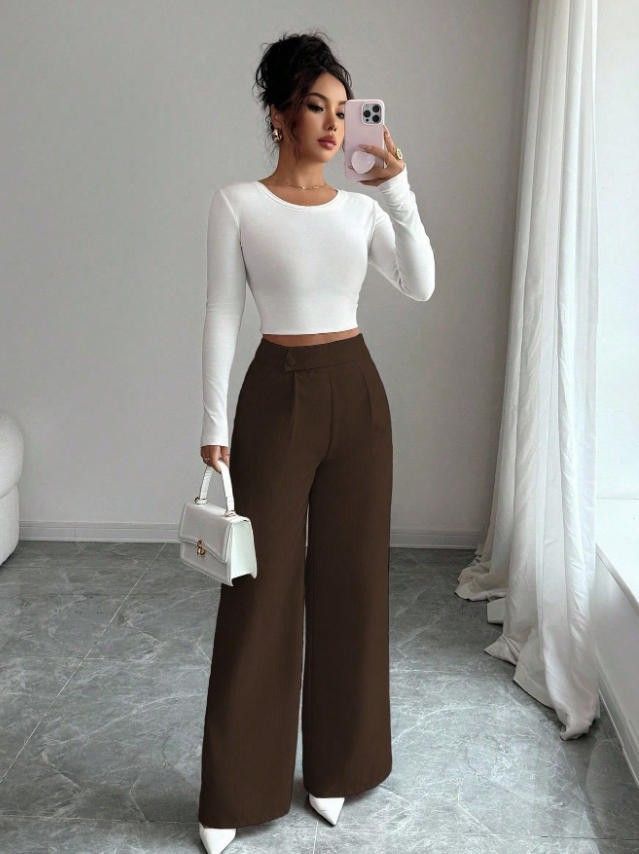 Women's Pink Button-Down Waist Pants Elegant Casual Versatile Spring Summer Polyester England Style Fashion_ecoleips.com