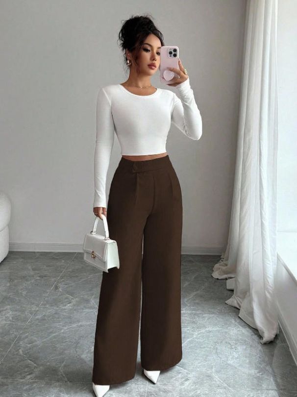 Women's Pink Button-Down Waist Pants Elegant Casual Versatile Spring Summer Polyester England Style Fashion_ecoleips.com