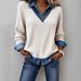Women's Denim-Paneled Knit Top – V-Neck Long Sleeve Ribbed T-Shirt With Faux Layered Look (Black/Cream)_ecoleips.com
