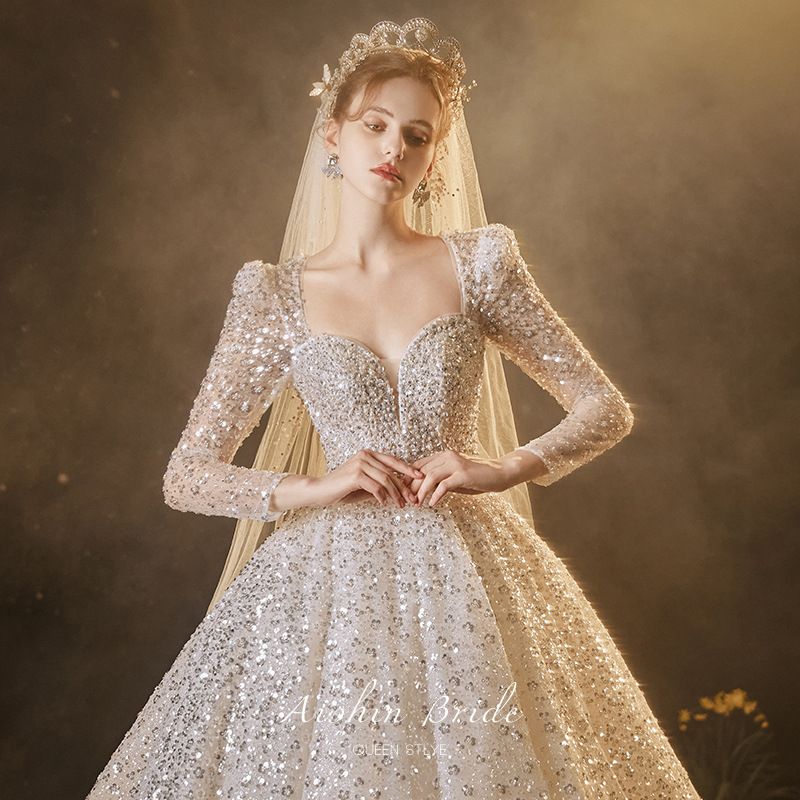 Princess Sleeves, Petite-Friendly Wedding Dress For Outdoor/Church Ceremony (Floor-Length, Sweep Train)_ecoleips.com