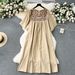 Women's Clothing Spring New Retro Heavy Embroidery Long Loose Belly Covering Slimming Holiday Dress_ecoleips.com