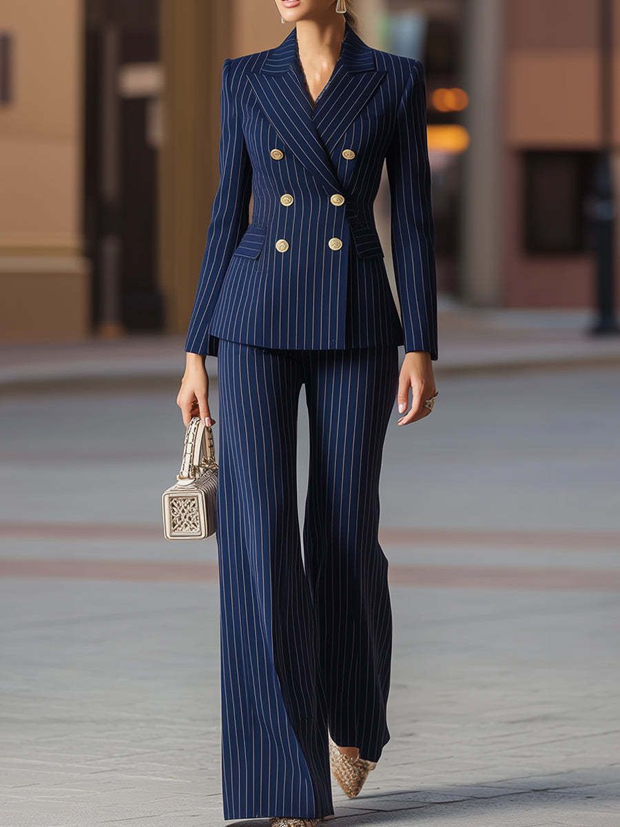 Women's Clothing Chic Striped Blazer & Pants Set – Slim-Fit Office Suit For Women, Professional & Stylish (Navy, Black)_ecoleips.com