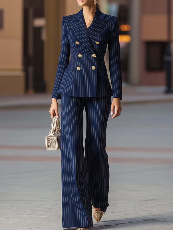 Women's Clothing Chic Striped Blazer & Pants Set – Slim-Fit Office Suit For Women, Professional & Stylish (Navy, Black)_ecoleips.com