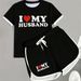 Women's Valentine's Day Letter Print Set Black White Color Block Short Sleeve T-Shirt Drawstring Shorts Two Piece Outfit_ecoleips.com