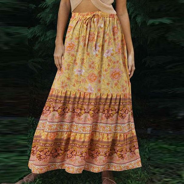 Women's Clothing Summer Floral A Line Skirt, Elastic High Waist_ecoleips.com