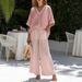 Women's V Neck Striped Wide Leg Pants Suit Two Piece Set European American Style Independent Website High End Faux Linen Summer Cross Border_ecoleips.com