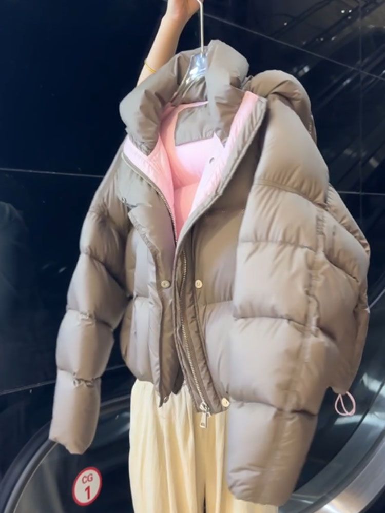 Women's Clothing Short Khaki Grey Puffer Jacket Korean Style Winter Coat Casual Hooded Outerwear For Petite_ecoleips.com