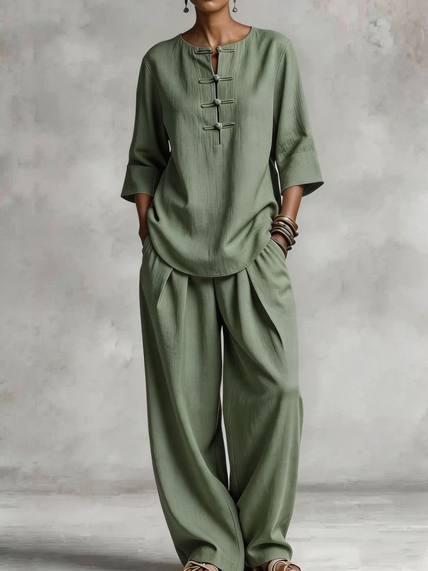 Women's Casual V Neck Long Sleeve Pants Set With Pockets Multi Color Cotton Top And Bottoms Ensemble_ecoleips.com