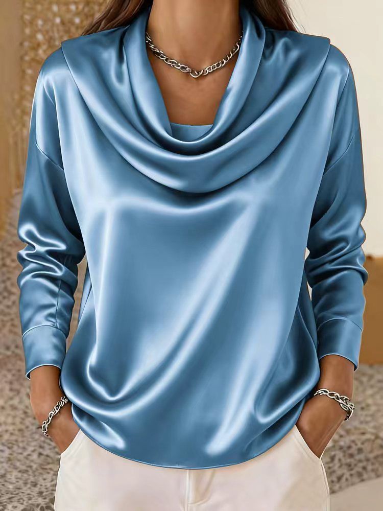 Women's Elegant Satin Top Long Sleeve Relaxed Fit Stacked Neck Luxe Polyester Blend Casual Office Wear Brick Red Lavender Mustard Sky Blue_ecoleips.com
