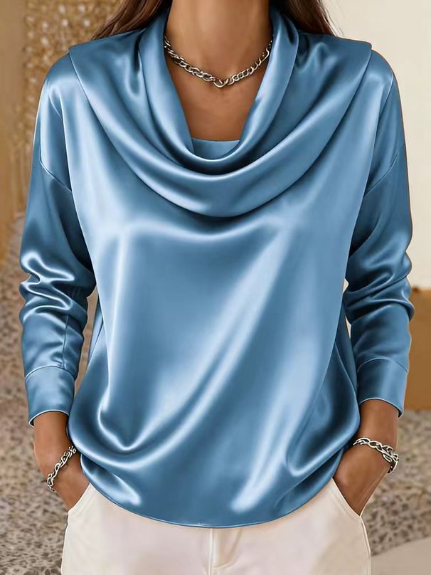 Women's Elegant Satin Top Long Sleeve Relaxed Fit Stacked Neck Luxe Polyester Blend Casual Office Wear Brick Red Lavender Mustard Sky Blue_ecoleips.com