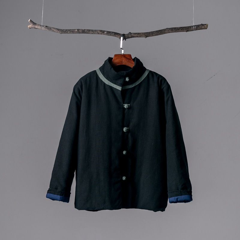 girl 2025 Winer New Rero Chinese Syle Buon Conras Color Sand Collar Sand Washed Linen Jacke Women's Shor Coon_ecoleips.com