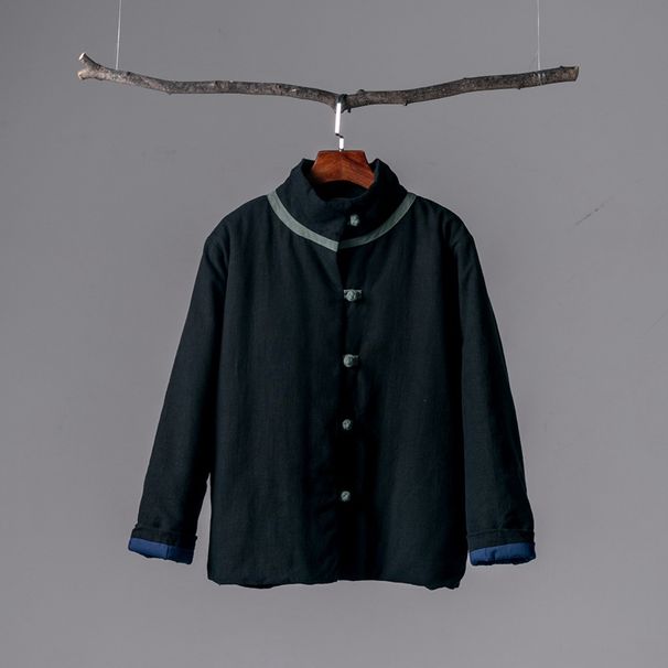 girl 2025 Winer New Rero Chinese Syle Buon Conras Color Sand Collar Sand Washed Linen Jacke Women's Shor Coon_ecoleips.com