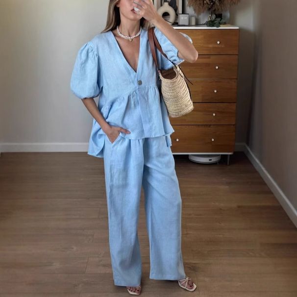 Women's Clothing Spring And Summer New Sweet Solid Color Suit Pure Cotton V Neck Top Bubble Short Sleeved Trousers 2 Piece Set_ecoleips.com