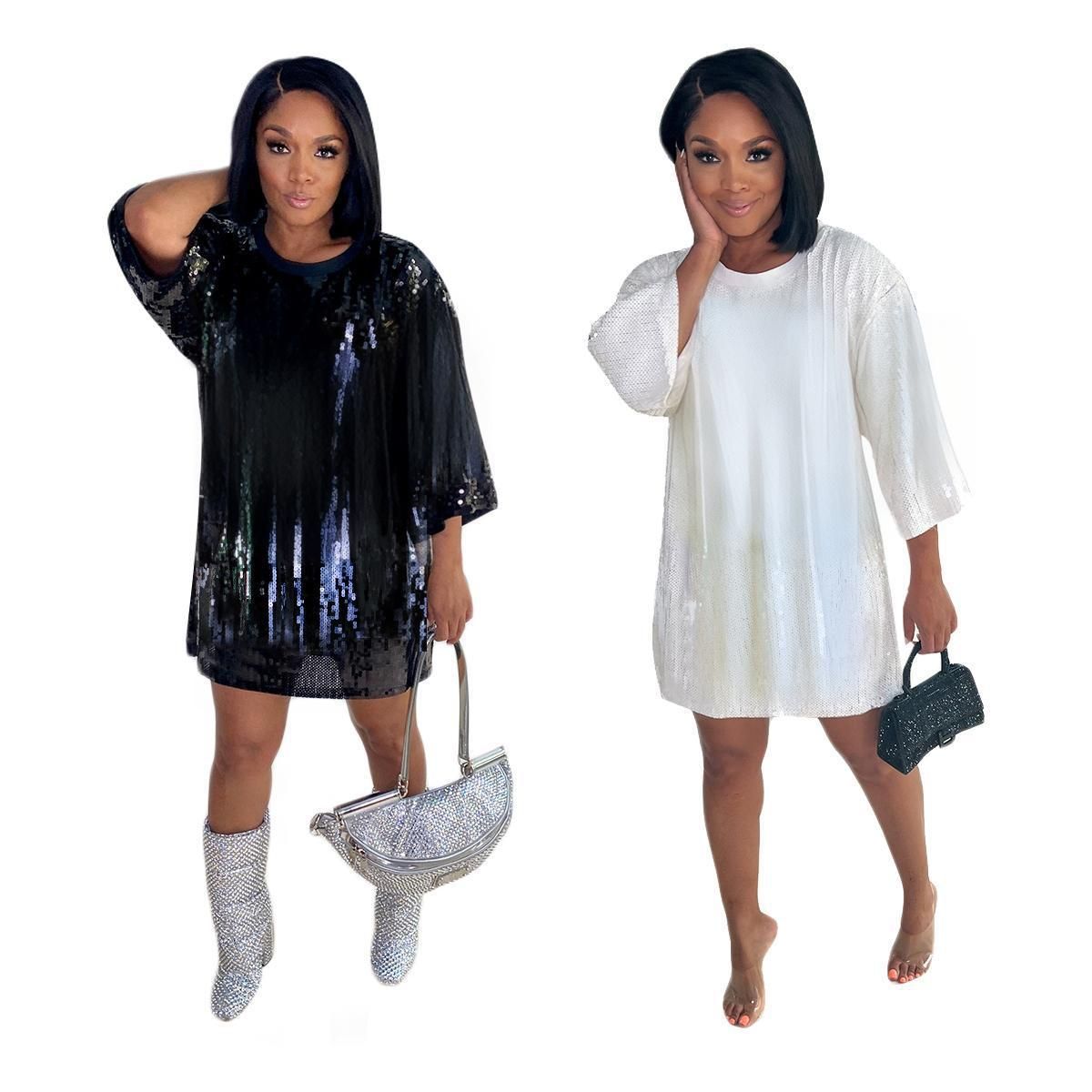 Women's Fashionable Sexy Shiny Heavy Industry Sequined Loose Dress W0014 European American Cross Border Style in Stock_ecoleips.com