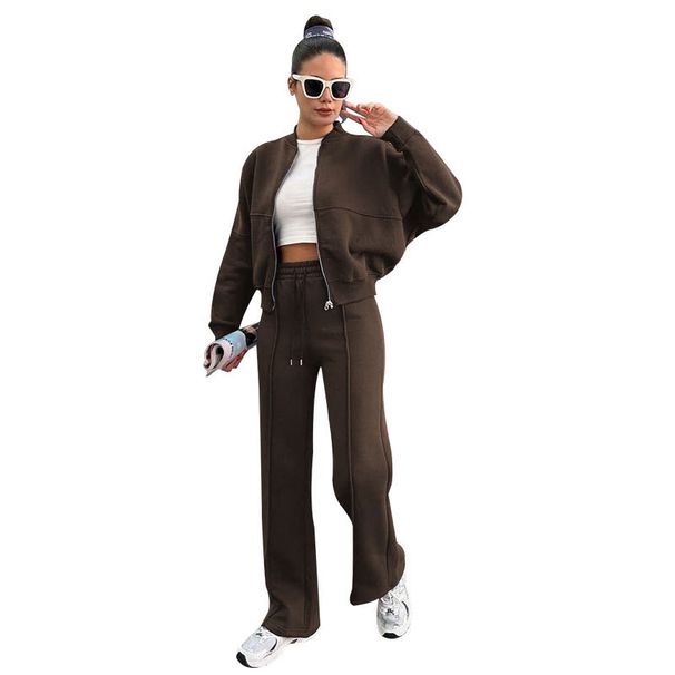 Women's Clothing Pure Color Plus Velvet Zipper Cardigan Women's Fashion Casual Straight Pants Set_ecoleips.com