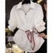 Women's Clothing New Arrivals Short Sleeved Shirt Waist Scarf Top White Women's European Temperament All Match Three Quarter Sleeve Shirt_ecoleips.com