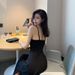 Little Black Slip Dress for Women Sexy V Neck Retro Long Side Slit Stylish Elegant Gown_ecoleips.com