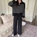 Women's Fashionable Korean Style Two Piece Set Loose Striped Knit Top with Casual High Waisted Wide Leg Pants_ecoleips.com