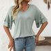 Women's Solid Color V-Neck Short Sleeve Top With Flutter Sleeves, Soft Casual Blouse For Everyday Wear_ecoleips.com