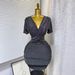 Women's Clothing Summer V Neck Twist Sexy Slim High Elastic Dress Bright Silk Hip Skirt_ecoleips.com