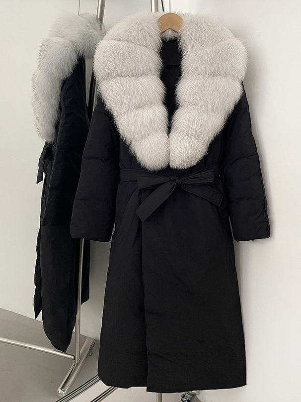 New 2025 Winter Fox Big Fur Collar Down Jacket Women's Long Thin Strap Waist Temperament Commuter Jacket_ecoleips.com
